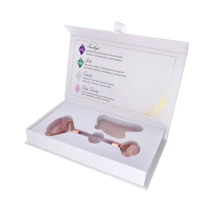Gua Sha und Massageroller Rosenquarz, Jade und Amethyst