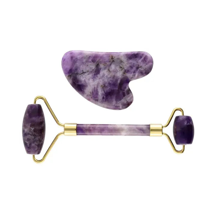 Gua Sha und Massageroller Rosenquarz, Jade und Amethyst