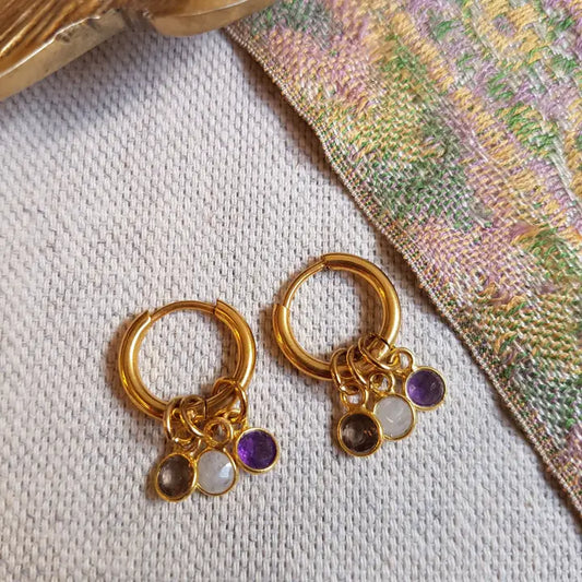 Creolen mit Amethyst, Mondstein und Rauchquarz